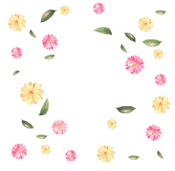 Frame Made from Summer Pink Flowers and Green Leaves Isolated on