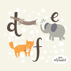 Cute zoo alphabet in vector. D, e, f letters. Funny animals. Dachshund, Fox and elephant. - 110441879
