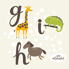 Cute zoo alphabet in vector. G, h, i letters. Funny animals. Giraffe, horse, and iguana. - 110441886