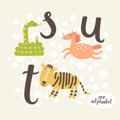 Cute zoo alphabet in vector. S, t, u letters. Funny animals. Vulture, walrus and x-ray fish. - 110442434