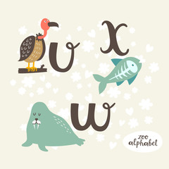 Cute zoo alphabet in vector. V, w, x letters. Funny animals. Vulture, walrus and x-ray fish. - 110442443