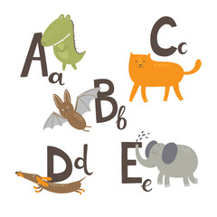 Cute zoo alphabet in vector. A, b, c, d,e letters. Funny animals. Alligator, cat, Dachshund, elephant and bat. - 110442472