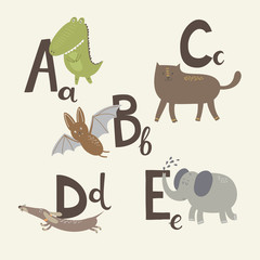 Cute zoo alphabet in vector. A, b, c, d,e letters. Funny animals. Alligator, cat, Dachshund, elephant and bat. - 110442481