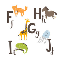 Cute zoo alphabet in vector. F, g, h, i, j letters. Funny animals. Giraffe, horse, iguana, fox and Jellyfish. - 110442600