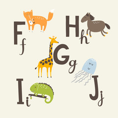 Cute zoo alphabet in vector. F, g, h, i, j letters. Funny animals. Giraffe, horse, iguana, fox and Jellyfish. - 110442607