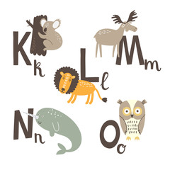 Cute zoo alphabet in vector. K, l, m, n, o letters. Funny animals. Koala, lion, Moose, narwhal and owl. - 110442615