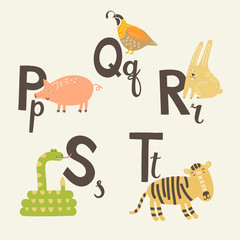 Cute zoo alphabet in vector. P, q, r, s, t letters. Funny animals. Pig, rabbit, quail, snail and tiger. - 110442636