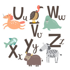 Cute zoo alphabet in vector. V, w, x letters. Funny animals. Vulture, walrus, x-ray fish, Yak and zebra. - 110442644