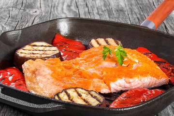 salmon fillet on a iron grill pan