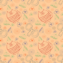 Seamless vector pattern. Cute beige background with colorful hand drawn cats, mouses and flowers. Series of Cartoon, Doodle, Sketch and Scribble Seamless Vector Patterns.