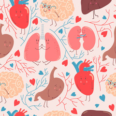 Cute cartoon anatomy vector pattern with funny organs, heart, brain, lungs, kidneys, liver and stomach. - 110442818