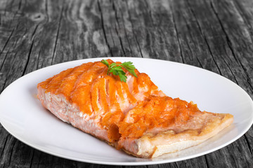 salmon fillet on a iron grill pan