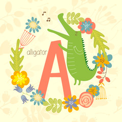 Cute Zoo alphabet, Alligator singing a song with letter A and floral wreath in vector. - 110442851