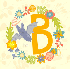 Cute Zoo alphabet, Bat with letter B and floral wreath in vector. - 110442863