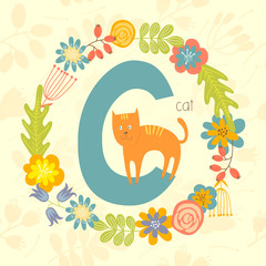 Cute Zoo alphabet, Cat with letter C and floral wreath in vector. - 110442878