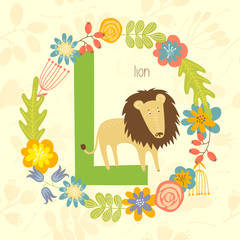 Cute Zoo alphabet, Lion with letter L and floral wreath in vector. - 110443007