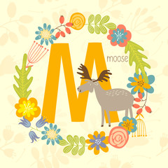 Cute Zoo alphabet, Moose with letter M and floral wreath in vector. - 110443014