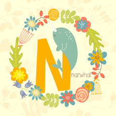 Cute Zoo alphabet, Narwhal with letter N and floral wreath in vector. - 110443019