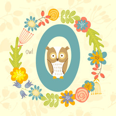 Cute Zoo alphabet, Owl with letter O and floral wreath in vector. - 110443025