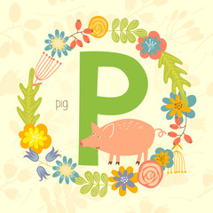 Cute Zoo alphabet, Pig with letter P and floral wreath in vector. - 110443029