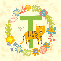 Cute Zoo alphabet, Tiger with letter T and floral wreath in vector. - 110443204