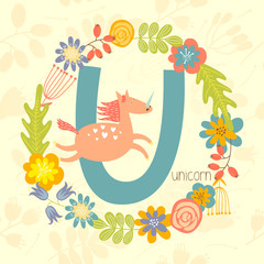 Cute Zoo alphabet, Unicorn with letter U and floral wreath in vector. - 110443216