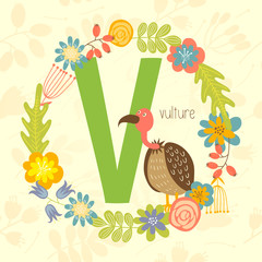 Cute Zoo alphabet, vulture with letter V and floral wreath in vector. - 110443228