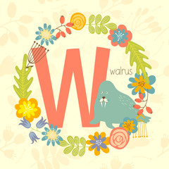 Cute Zoo alphabet, walrus with letter W and floral wreath in vector. - 110443238