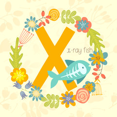 Cute alphabet, X-ray fish with letter X and floral wreath in vector. - 110443251