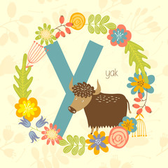 Cute Zoo alphabet, Yak with letter Y and floral wreath in vector.