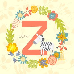 Cute Zoo alphabet, Zebra with letter Z and floral wreath in vector. - 110443270