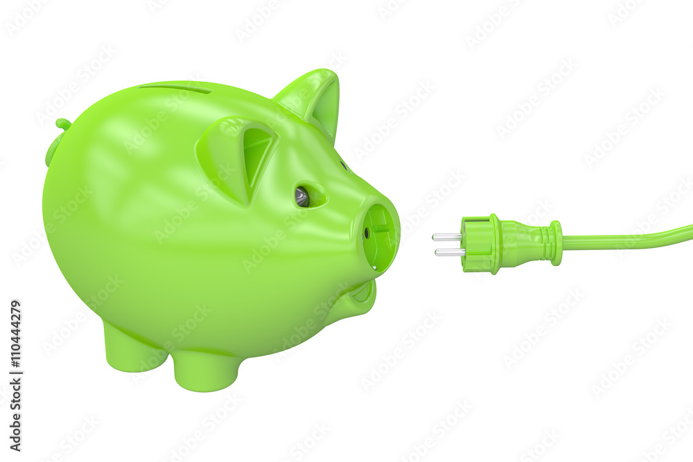 Poster energy saving concept, piggy bank with socket and plug. 3d rende