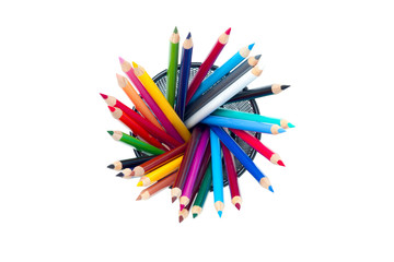 an overview shot of brightly colored pencil crayons