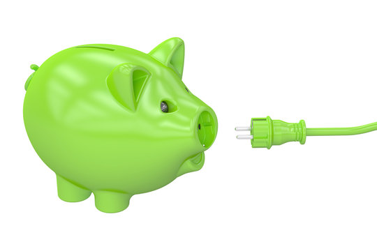 Energy saving concept, piggy bank with socket and plug. 3D rende