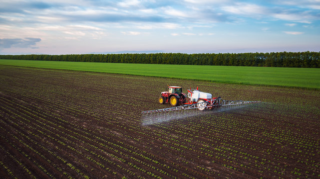 Farming tractor spraying on field at spring