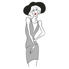 Vector fashion sketch. Beautiful model posing at photoshoot in short v-shaped grey dress. Skinny body silhouette, black hat, designer cloth. Haute couture fashion show. Fashion magazine photoshooting