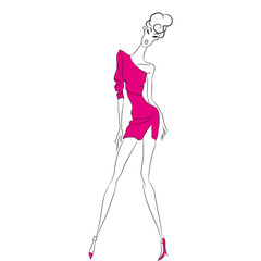 Vector fashion sketch. Beautiful model posing at photoshoot in short one-shoulder one-sleeve pink dress with cut. Skinny body silhouette, high heels, designer clothing. Haute couture fashion show