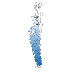 Obraz premium Vector fashion sketch. Beautiful model walking on runway in long blue gradient frill dress with clutch and transparent chiffon insets. Skinny body silhouette, high heels. Haute couture fashion show