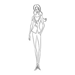 Fototapeta na wymiar Vector fashion sketch. Beautiful model walking on runway in business style suit with v-shaped decollete and narrow trousers, classic shoes. Skinny body silhouette. Haute couture fashion show