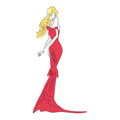 Vector fashion sketch. Beautiful  blonde model standing in long red dress with train, ruffles. Skinny body silhouette isolated on white background, broken doll posture. Haute couture fashion show