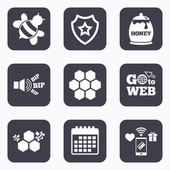 Honey icon. Honeycomb cells with bees symbol.