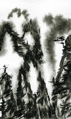 Mountains in the fog.  Watercolor and ink illustration in style sumi-e, u-sin. Oriental traditional painting. Monochrome