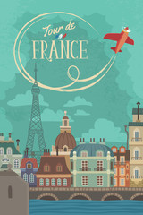 Cartoon Drawind with View of Paris - obrazy, fototapety, plakaty