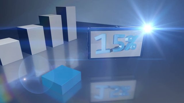 Growing blue 3D bar diagram counting up to 60% with a screen showing the numbers