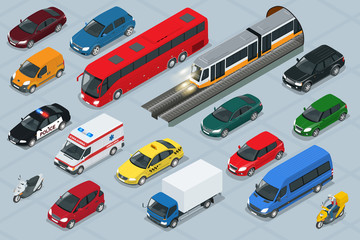 Car icons. Flat 3d isometric high quality city transport car icon set. Car, van, cargo truck,  off-road, bus, scooter, motorbike, riders. Transport set. Set of urban public and freight transport. © Golden Sikorka