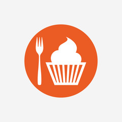 Eat sign icon. Dessert fork with muffin.