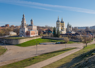 Serpukhov. Church of the Assumption of the Blessed Virgin, the Church of Elijah the Prophet and Church of the Holy Trinity on a spring morning
