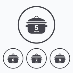 Cooking pan icons. Boil five, eight minutes.