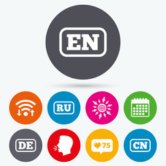 Language icons. EN, DE, RU and CN translation.