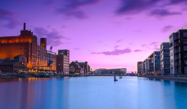 Duisburg Harbor district in the evening.